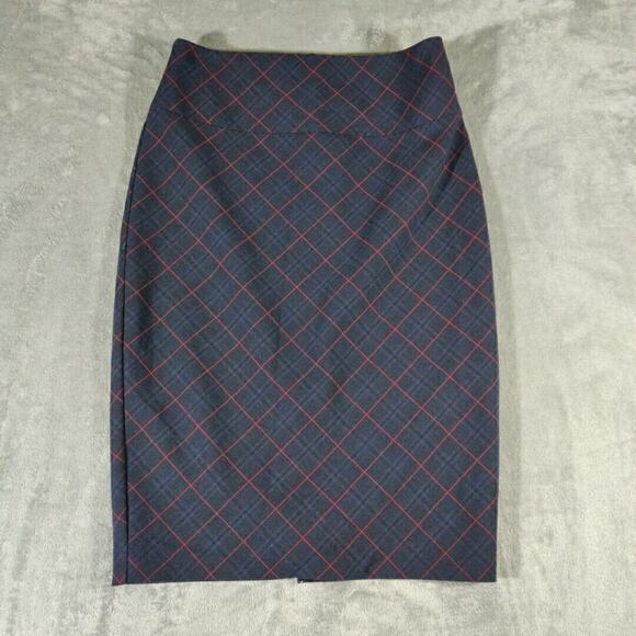 Express Skirt Womens 6 Blue Tartan Plaid Midi Lined Slit Blue‎ Red Pencil Style - Picture 1 of 6